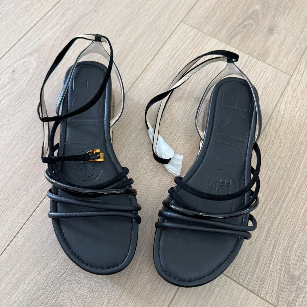 Louise et Cie Bimo Black Leather Strappy Platform Espadrille Sandals Woven 10M - Picture 3 of 8